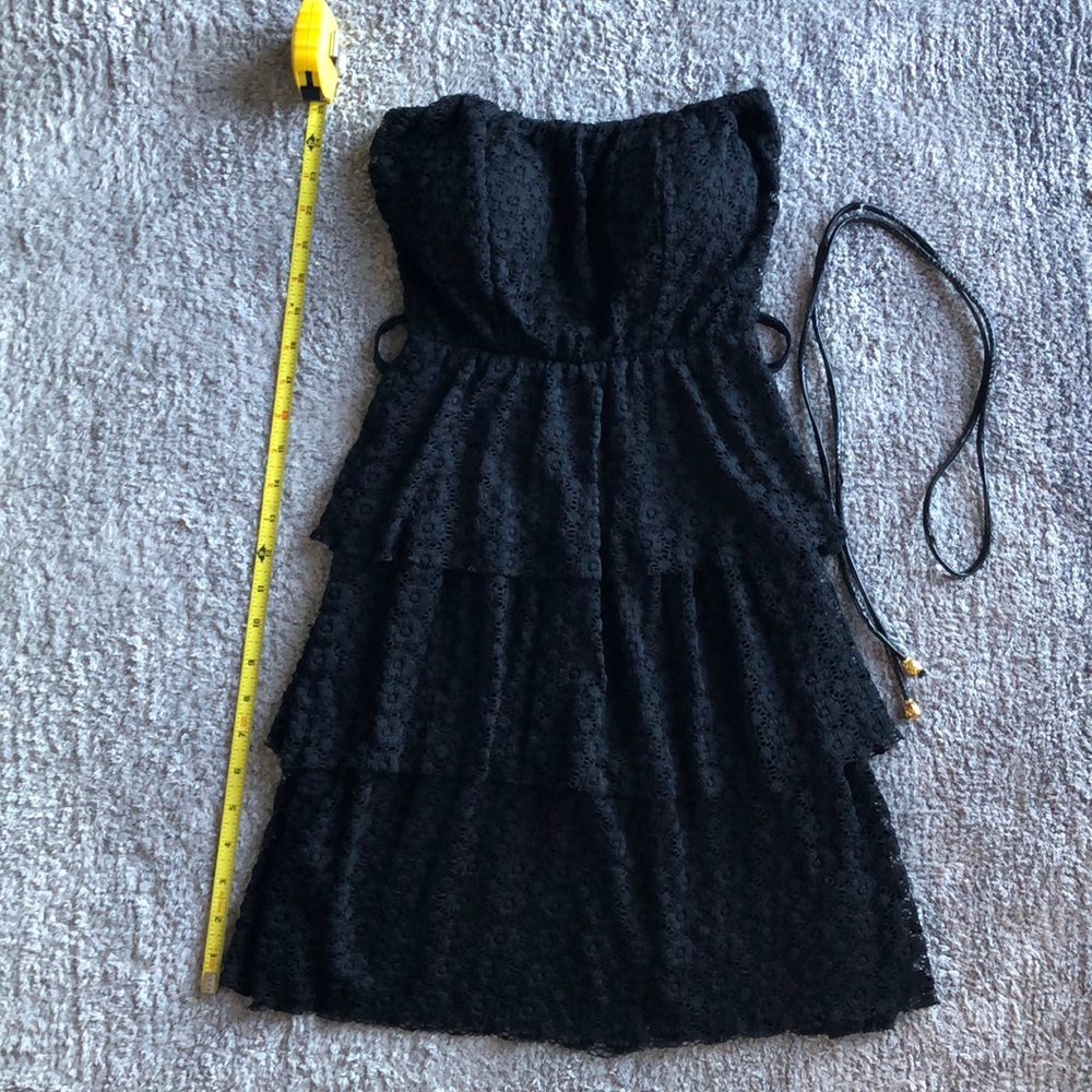 Black lace three tiered short dress. Strapless. sexy and cute. Small